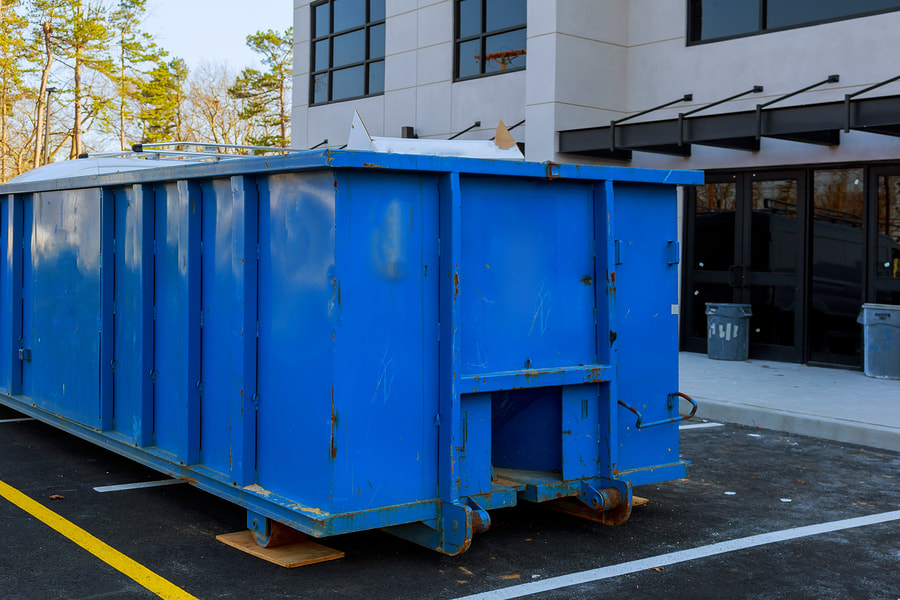 blue dumpster outside the building